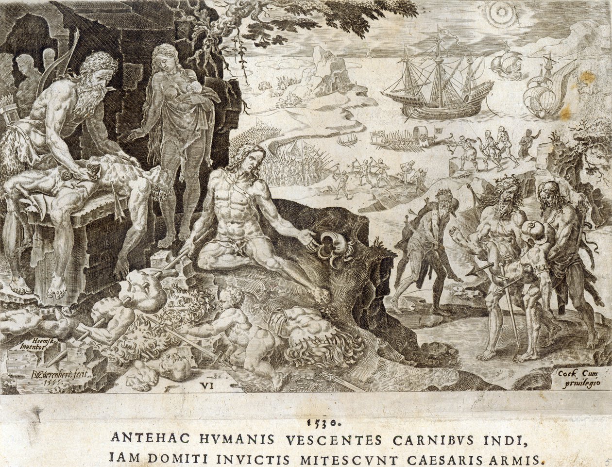 Campo de Batalha no Novo Mundo em 1530, placa 6 de "As Conquistas Militares do Imperador Carlos V", gravado por Dirk Volkertsz Coornhert (1522-90), 1555 de Maarten van Heemskerck