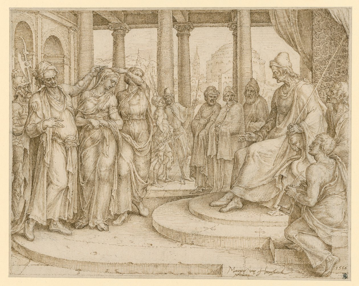 Não levantarás falso testemunho contra o teu próximo. Susana perante o juiz, desenho preparatório para a prancha 8 dos «Dez Mandamentos» de Maarten van Heemskerck