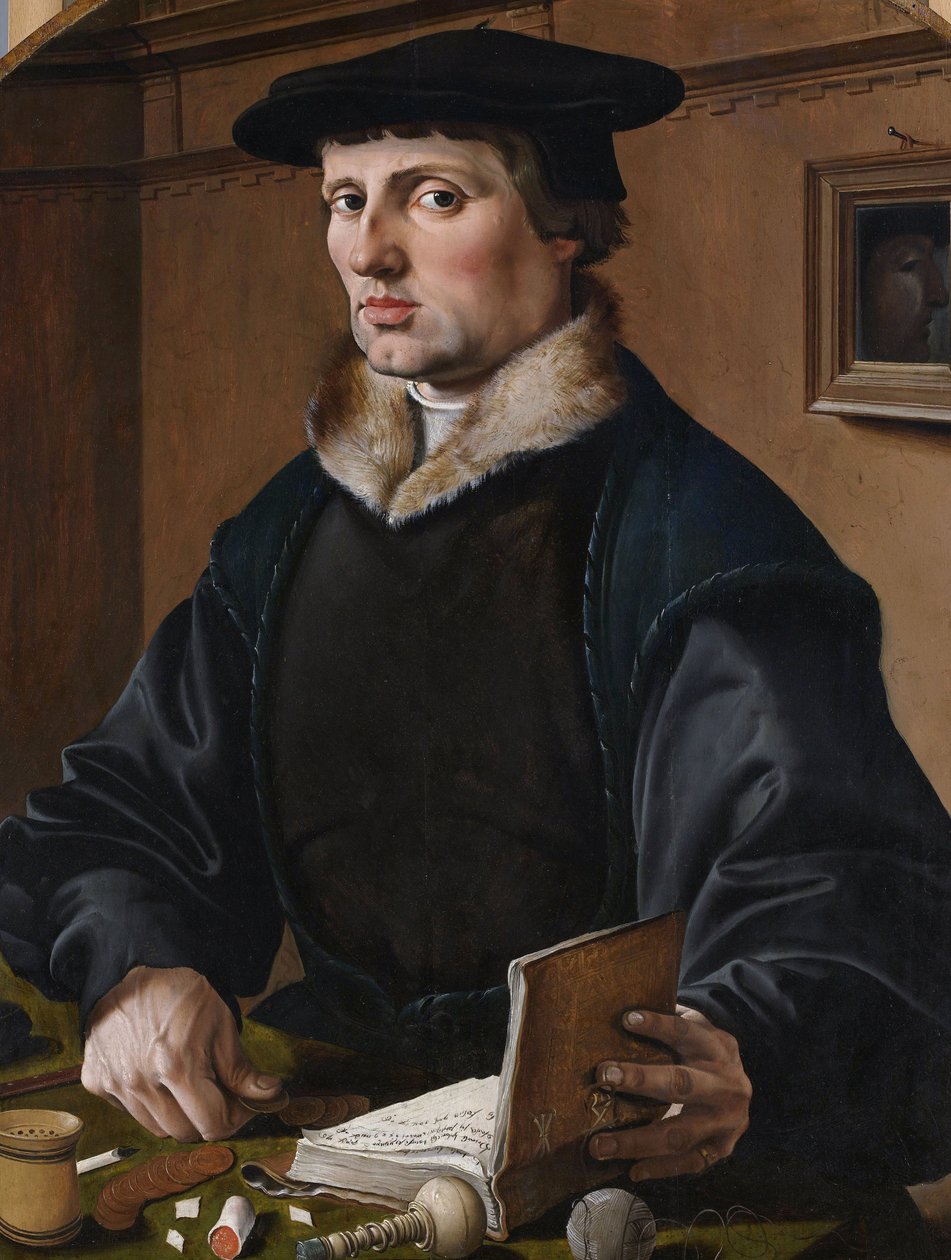Alemão: Bildnis eines Kaufmanns (Pieter Bicker) Retrato de (possivelmente) Pieter Gerritsz Bicker, pendente de (possivelmente) sua mulher Anna Codde de Maarten van Heemskerck