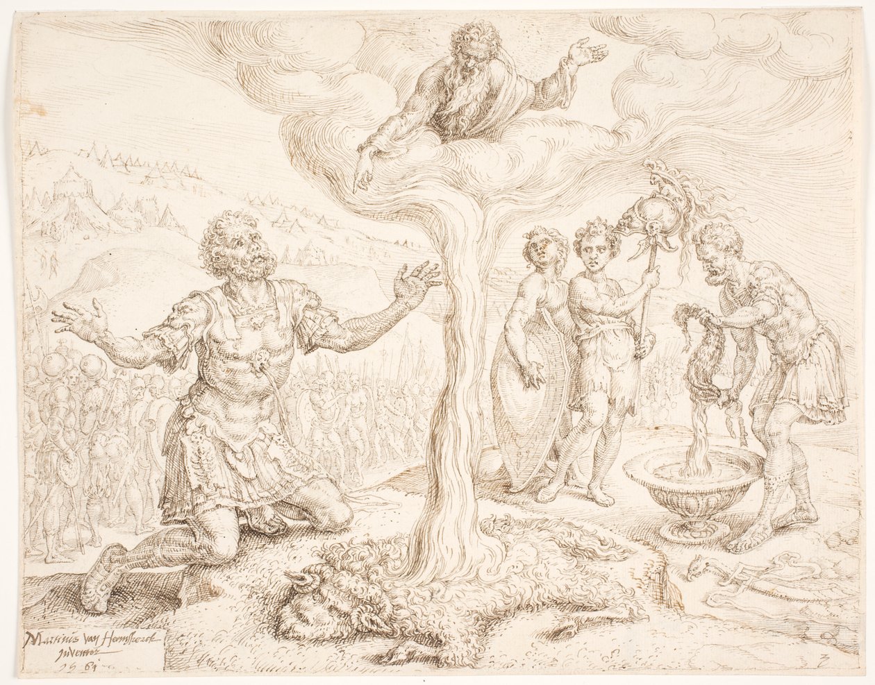 Gideon ajoelhado em oração (A história do orvalho e o velo de lã) de Maarten van Heemskerck