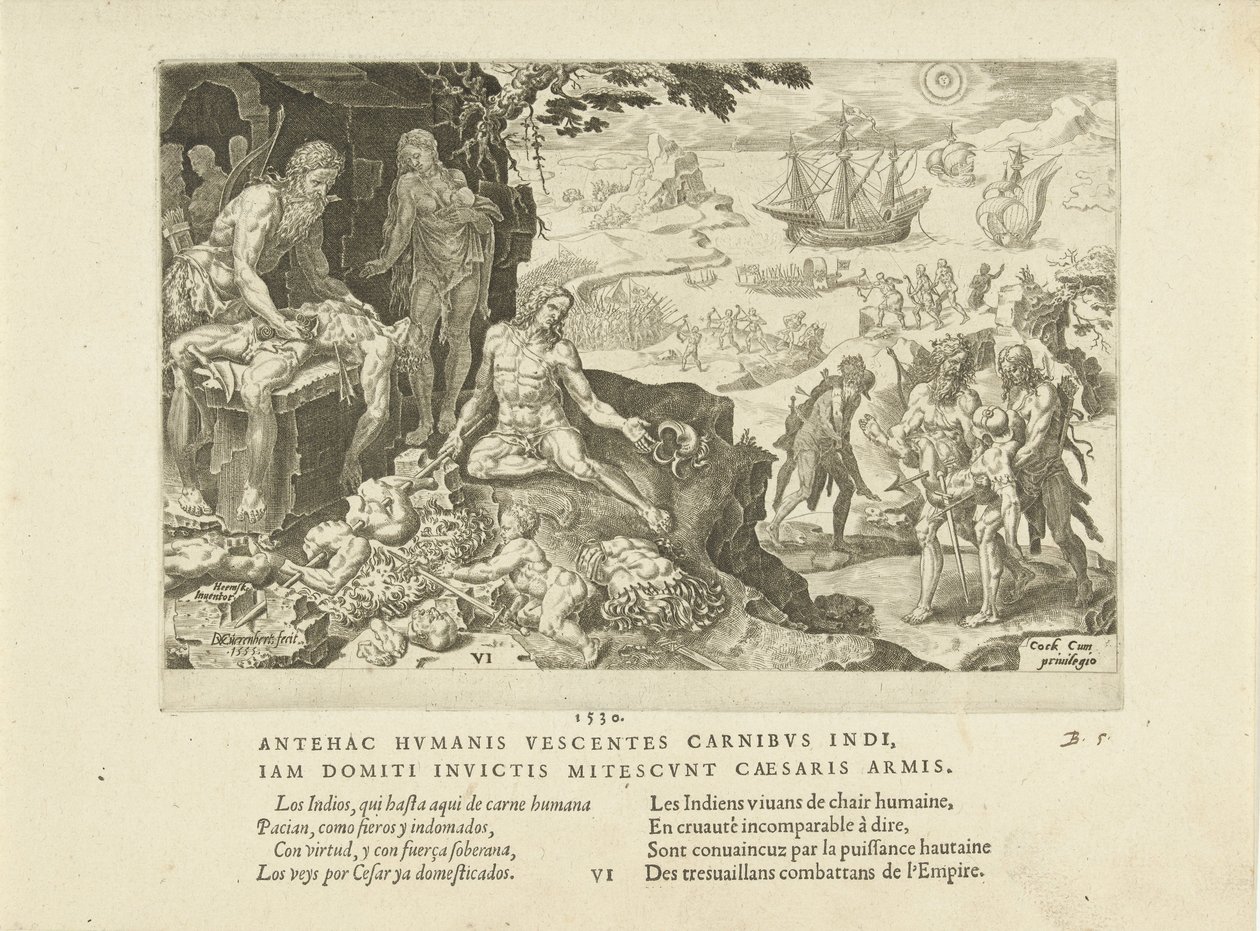 As tropas imperiais trazem a civilização para os índios, 1555. de Maarten van Heemskerck