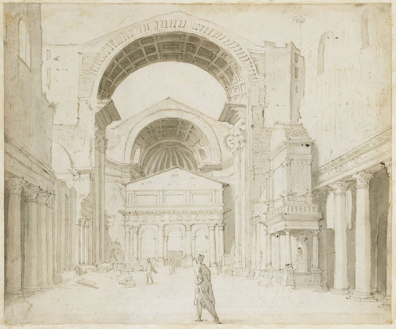 Vista interior da nave da igreja de Alt-St. Peter, com vista para o novo edifício de Maarten van Heemskerck