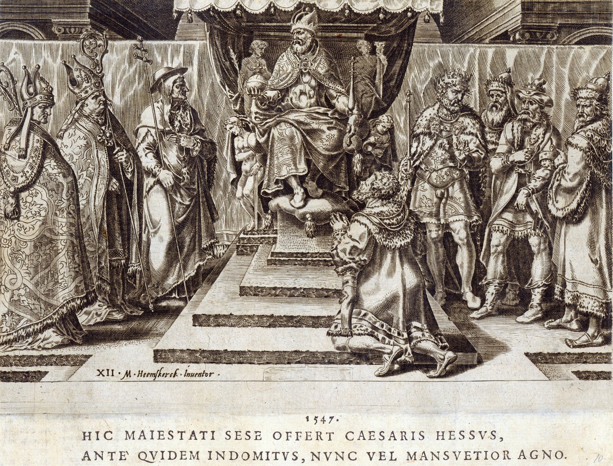 A Submissão de Philip, Landgrave de Hesen em 1547, placa 12 de "As Conquistas Militares do Imperador Carlos V", gravada por Dirk Volkertsz Coornhert (1522-90), 1555 (gravura e gravura) de Maarten van Heemskerck