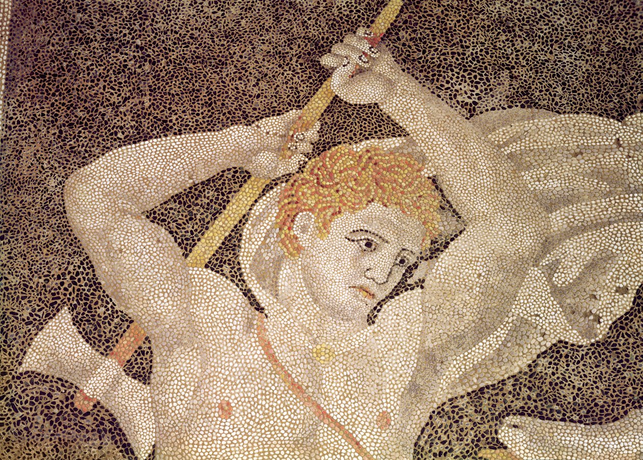 The Stag Hunt, detalhe de um caçador, do mosaico da Casa do Abduction of Helen de Macedonian School