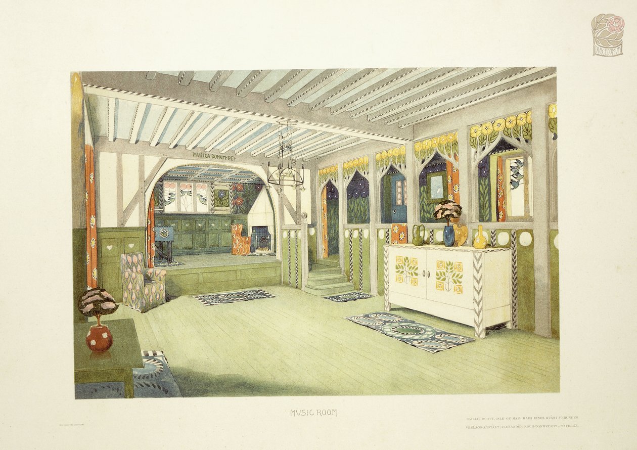 Sala de Música, Ilha de Man, c.1901 (litografia colorida) de Mackay Hugh (after) Baillie Scott