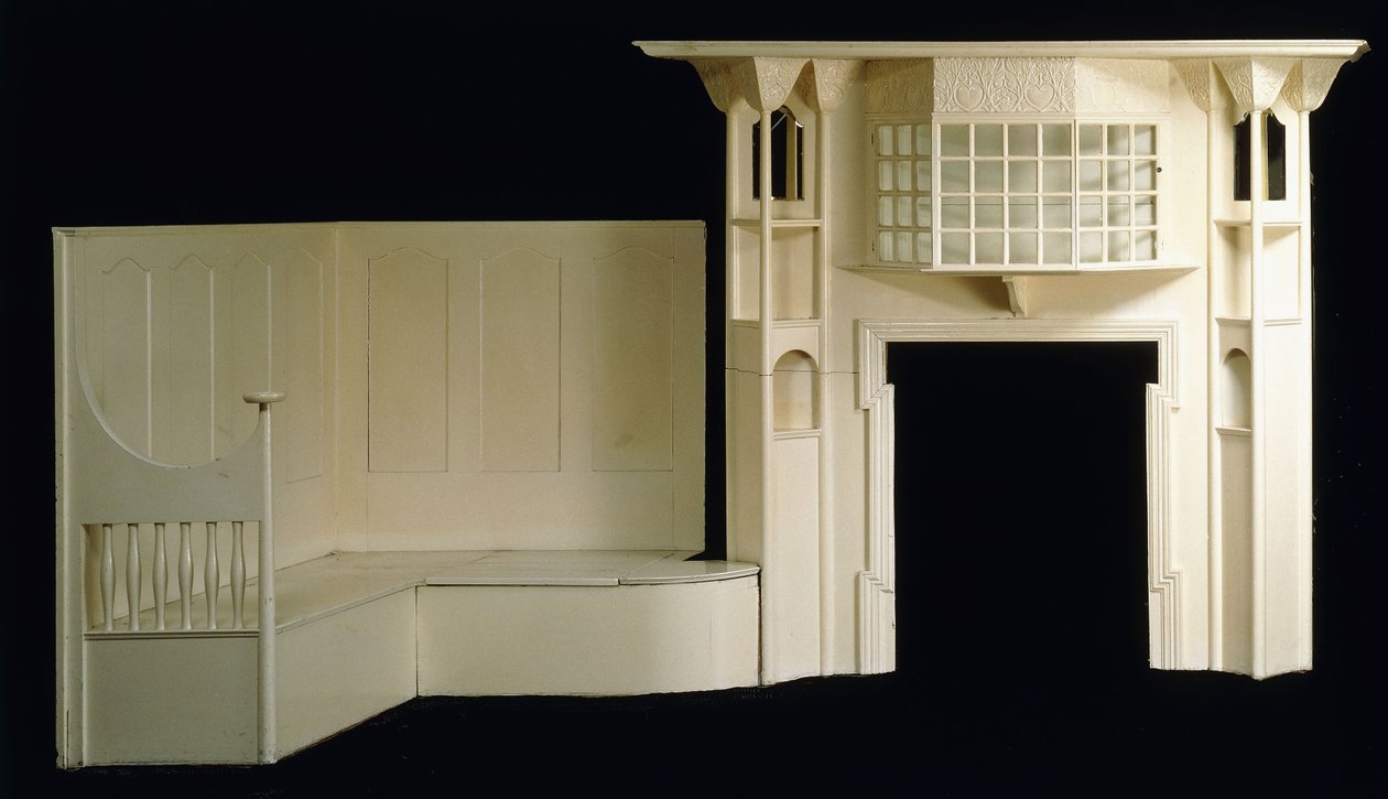 Uma cerca de fogo de lenha pintada e um inglenook projetado para Glencrutchery House, Douglas, por volta de 1897, c.1897 (madeira pintada) de Mackay Hugh Baillie Scott