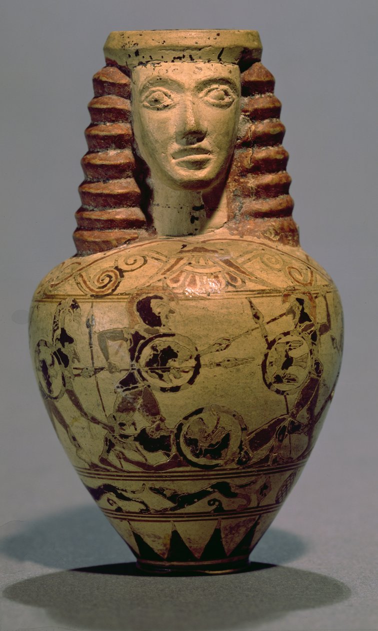 Aryballos proto-coríntios com cabeça humana, decorados com uma cena de combate, c.640 aC (cerâmica) de Macmillan Painter