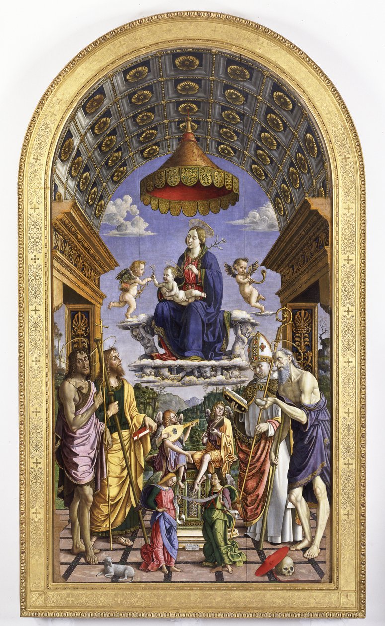 Madonna e Criança em glória, músicos anjos e santos João Batista, James, Ugo e Jerome, 1498 de Macrino dAlba