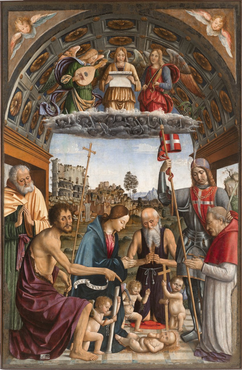 Madonna em adoração ao Menino com putti com os símbolos da Paixão, músicos anjos, santos José, João Batista, Jerônimo, Solutor e o doador Amedeo de Romagnano, 1505 de Macrino dAlba