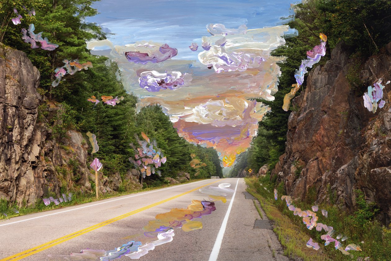 Country Road, 2020 (tinta acrílica sobre impressão de pigmentos de arquivo) de Madeleine Gross