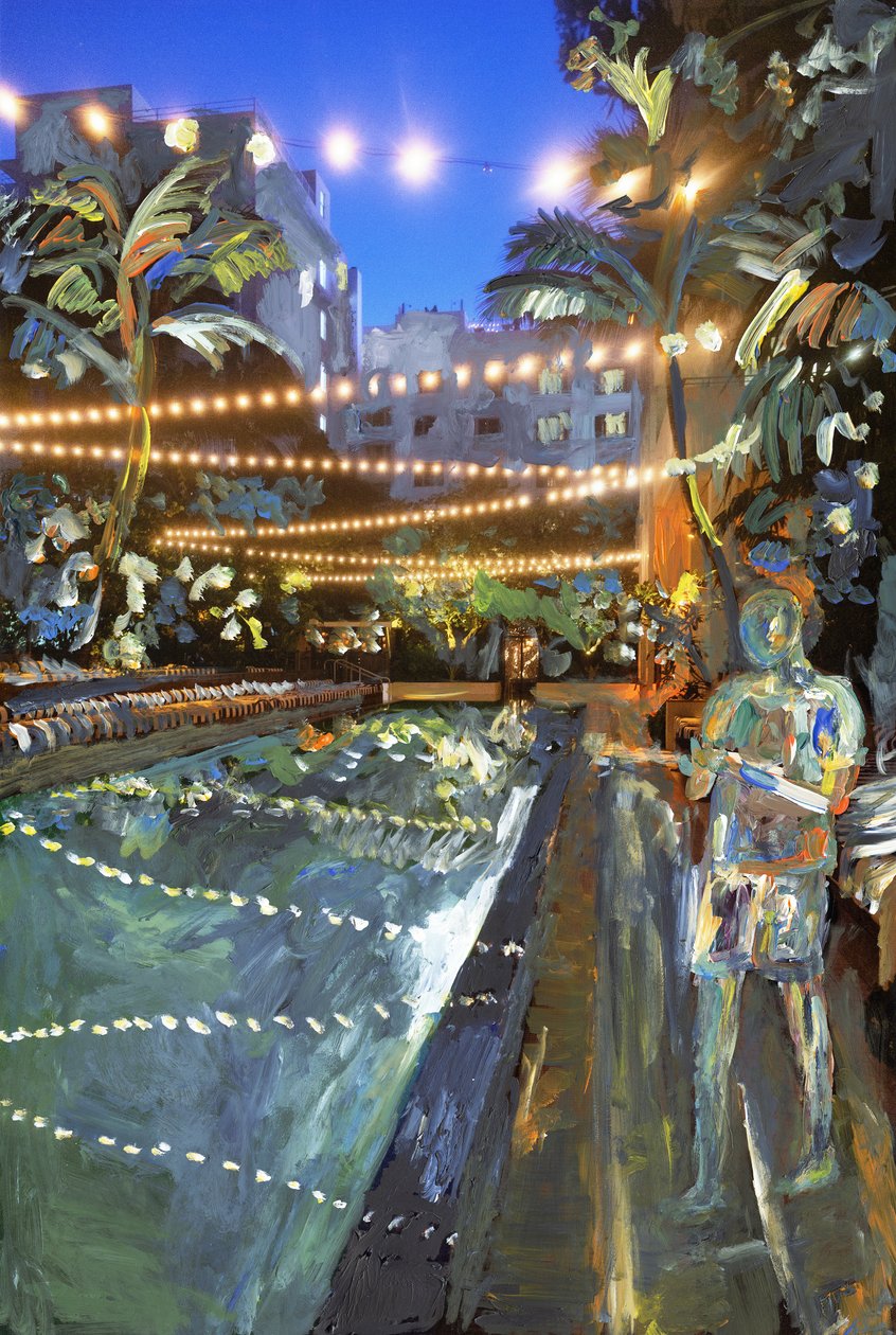 Night Swim, 2021 (tinta acrílica sobre impressão de pigmentos de arquivo) de Madeleine Gross