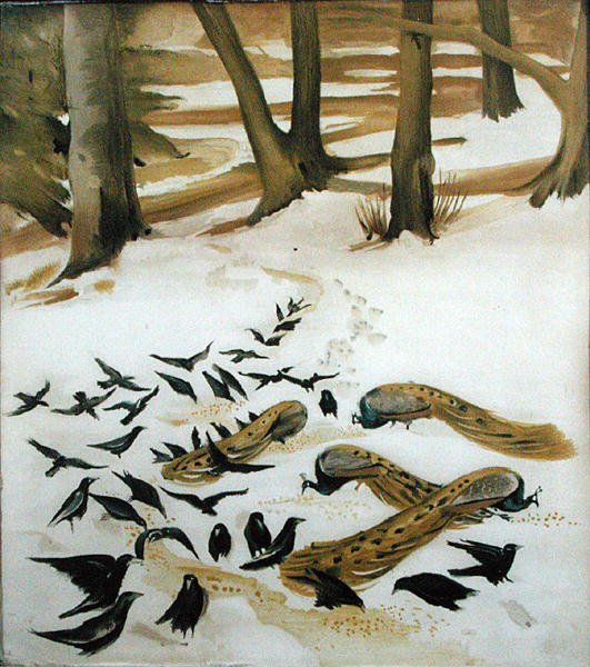 Alimentação das Aves na Neve (aguarela sobre papel) de Madeline Wyndham