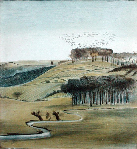 Paisagem com Bando de Rooks (lápis, caneta e tinta e aguarela sobre papel) de Madeline Wyndham