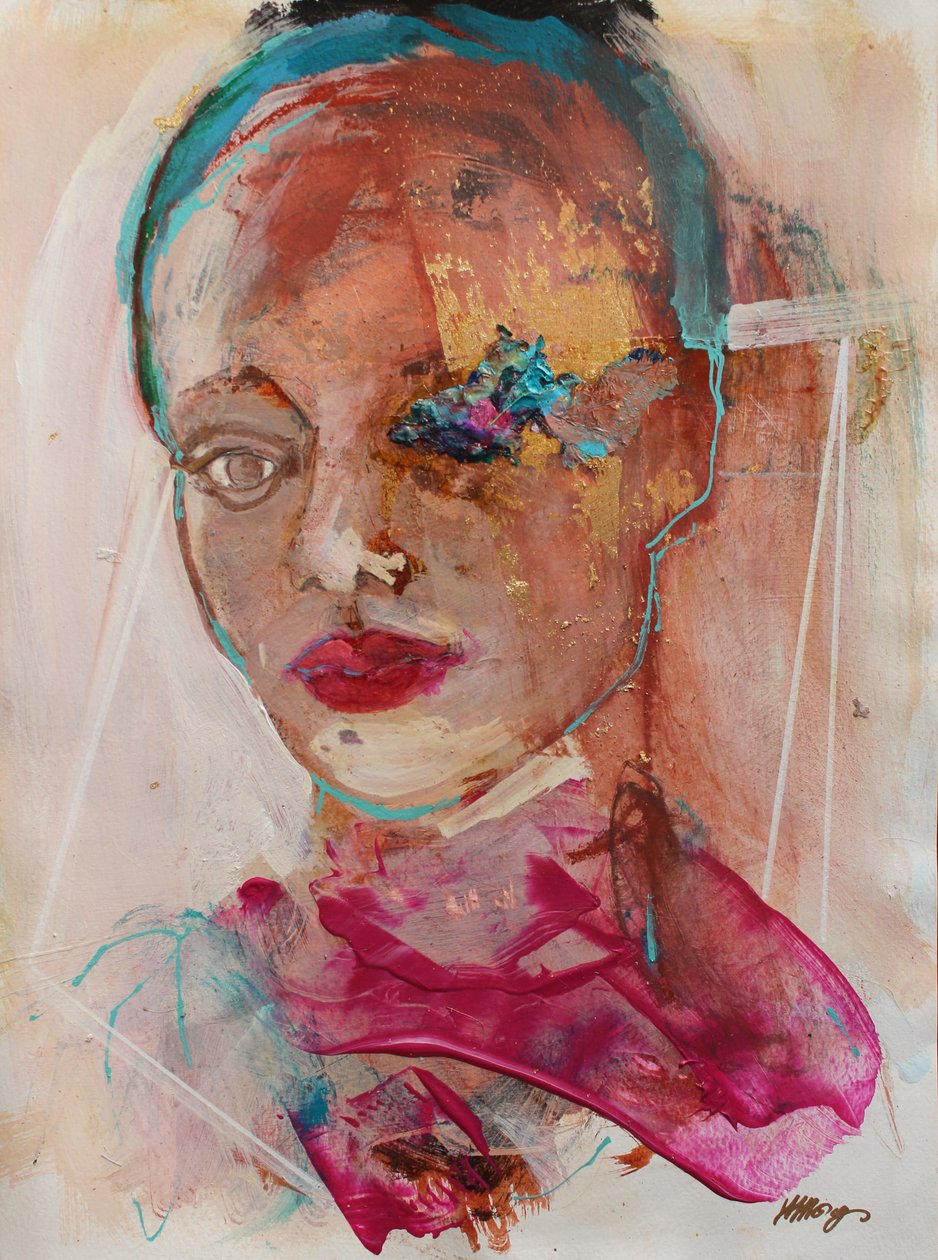 Lost In Thought 2, 2020 (acrílicos, pastéis e folha de ouro sobre papel) de Madgalena Morey