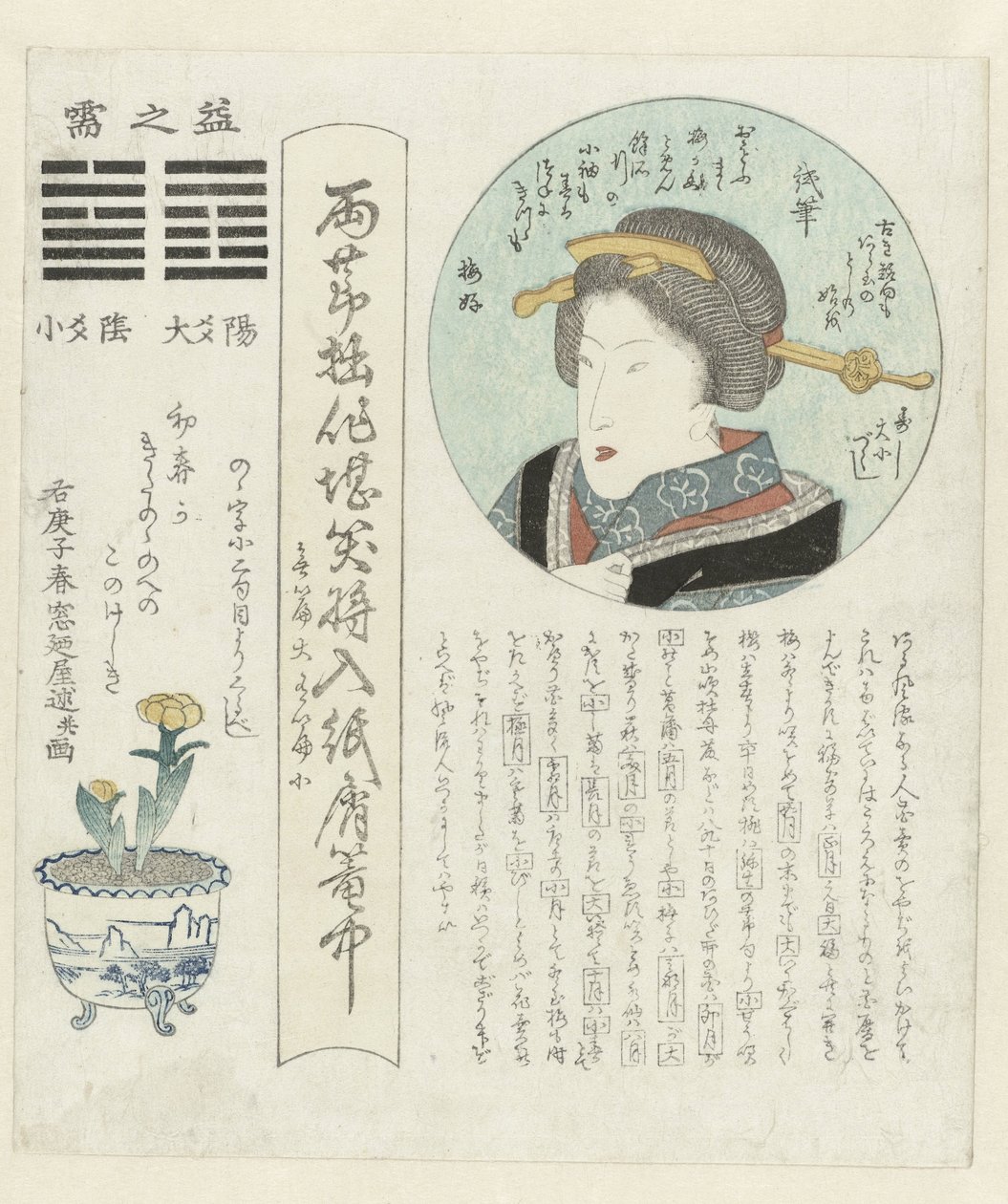 Retrato de uma mulher numa cartucheira circular
Uma série anual de calendários (título da série)
Kotobushi daishôtsukushi (título da série sobre o objecto) de Madonoya