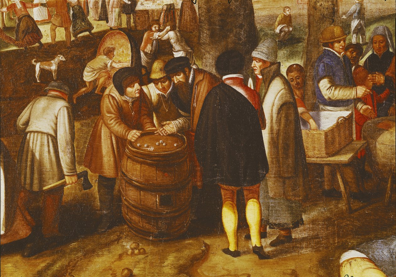 Feira Flamenga, detalhe de homens jogando dados de Maerten van Cleve