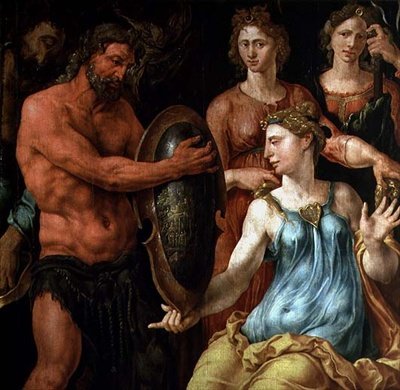 Vulcano mostrando aos deuses sua captura de Vênus e Marte em suas redes, c.1536 (painel) de Maerten van Heemskerck