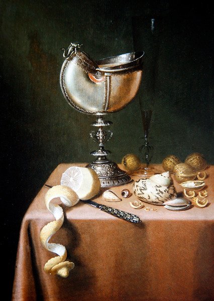 Uma Natureza Morta com uma Taça Nautilus, um limão descascado e nozes (óleo sobre painel) de Maerten Boelema de Stomme