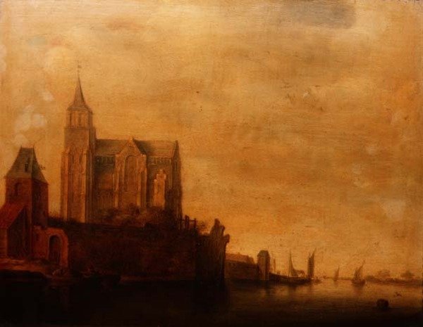 Groote Kerk com Vista da Torre Principal, Emmerich numa Paisagem de Rio com Barcos à Vela de Maerten Fransz van der Hulst