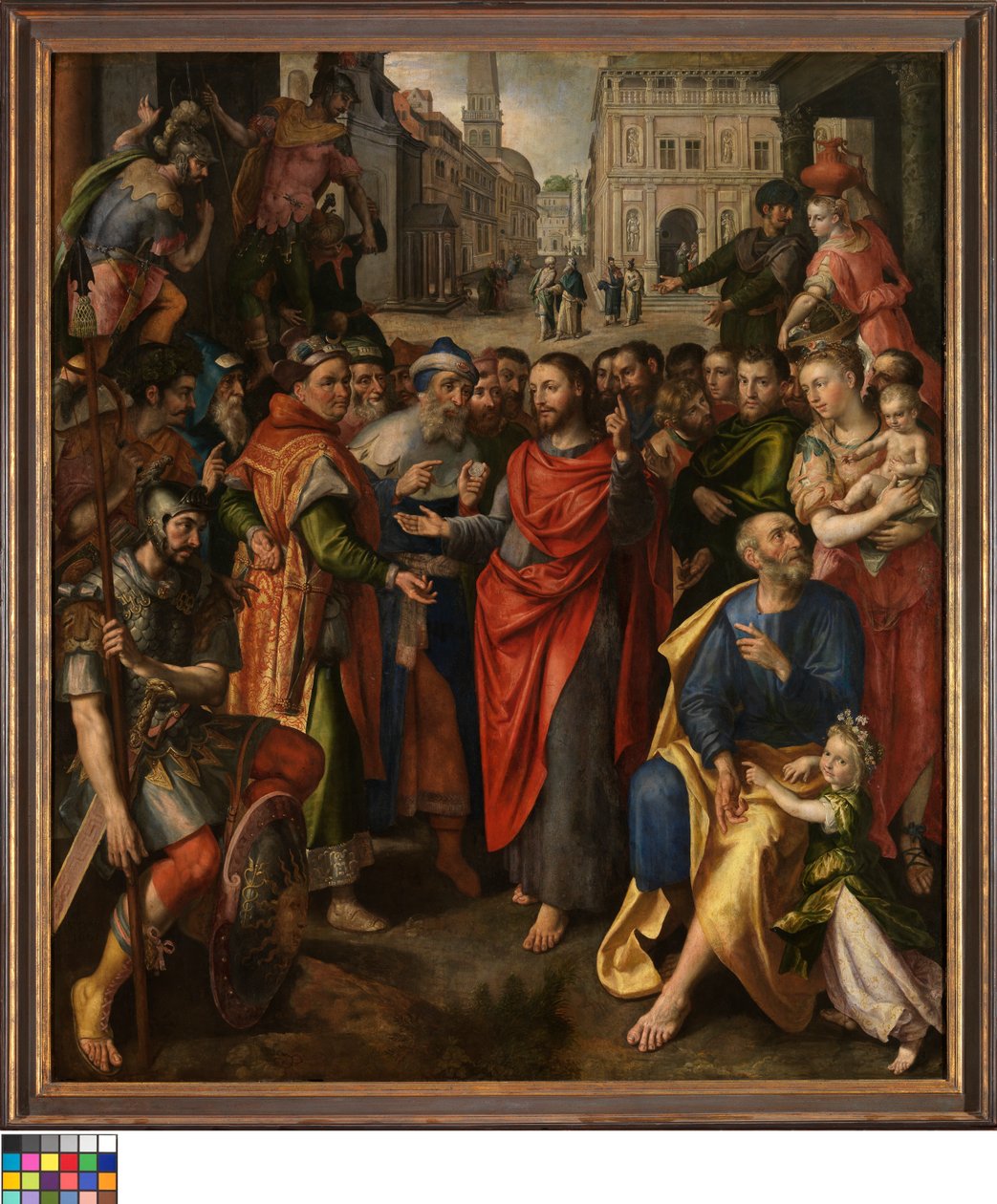 Neerlandês: A ficha da portagem (Mateus 17,24-27; à esquerda), a ficha do cinema (Lucas 20,21-26; ao centro), a parábola da viúva pobre (Marcos 21,41-44; à direita) (Retábulo do Grémio dos Moedeiros de Maerten de Vos