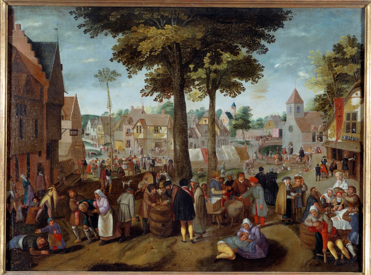 Feira Flamenga Uma festa numa aldeia, homens bêbados estão doentes, outros brincam, alguns dormem. pintura de Martin van Cleve (1527-1581) Caen do século XVI, Museu de Belas Artes de Maerten van Cleve