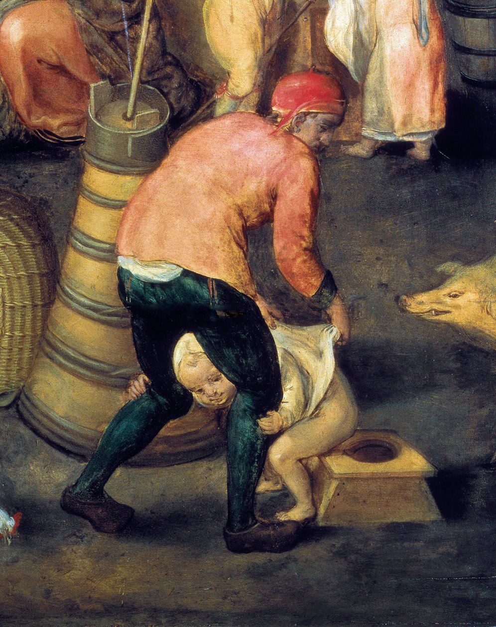 “ Interior da casa flamenga" Um homem segura um rapazinho na panela de Maerten van Cleve
