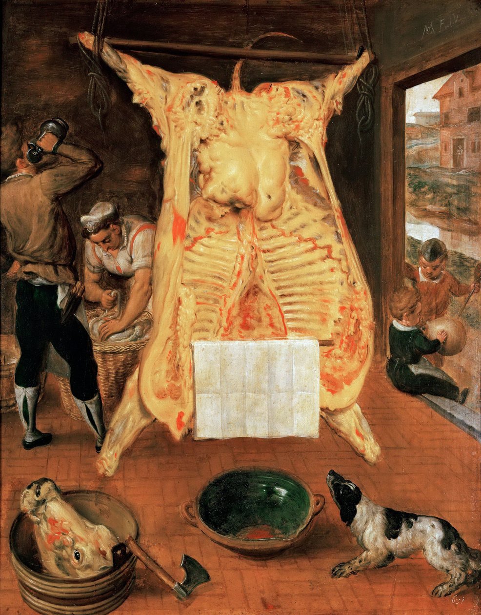 Le boeuf abattu - The Slaughtered Ox - Marten van Cleve (van Cleef), o Ancião (1527-1581). Óleo sobre madeira de Maerten van Cleve