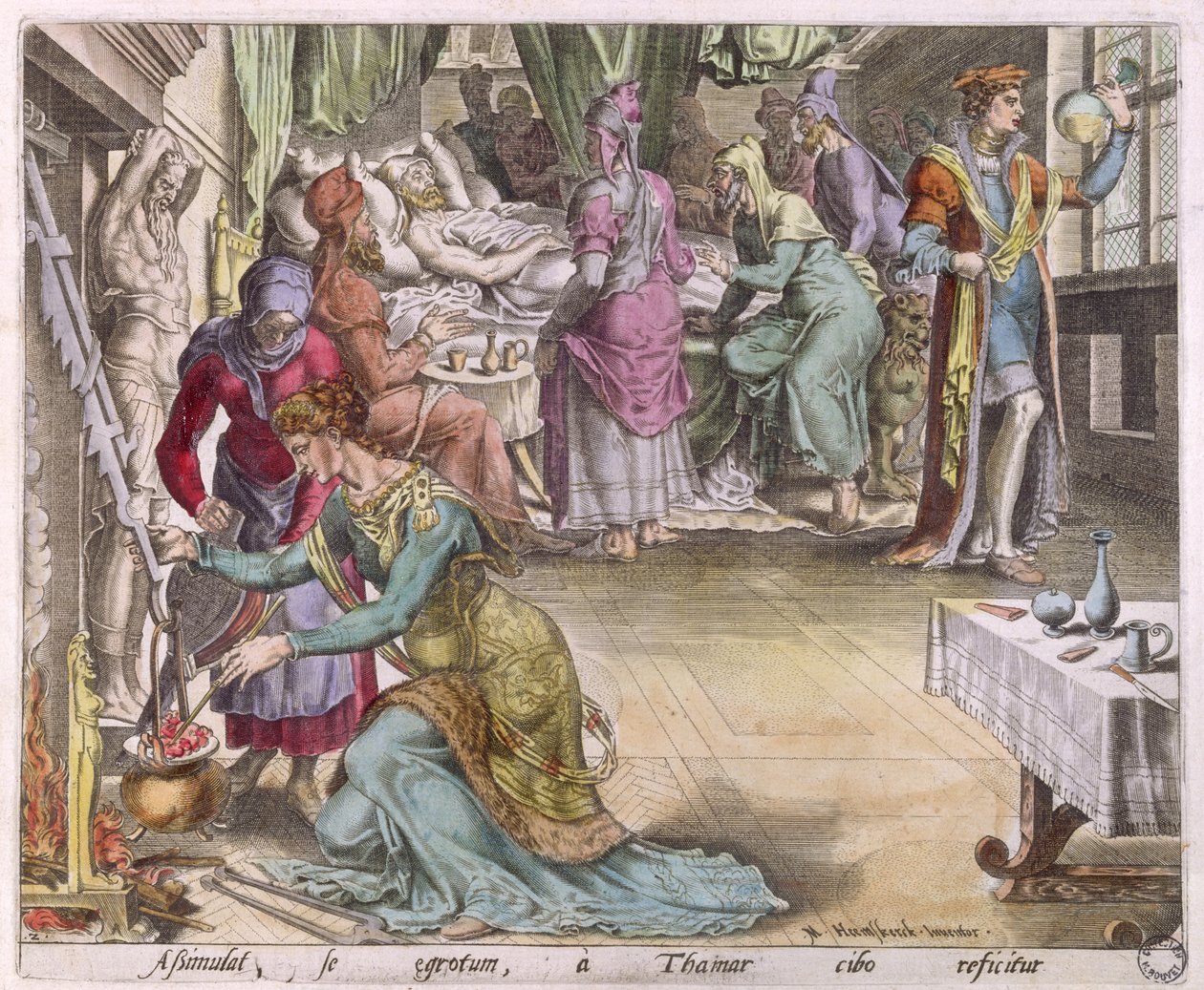 Curando um estudo inválido para &39;Amnon fingindo doença para estuprar Tamar&39; (gravura a cores) de Maerten van Heemskerck