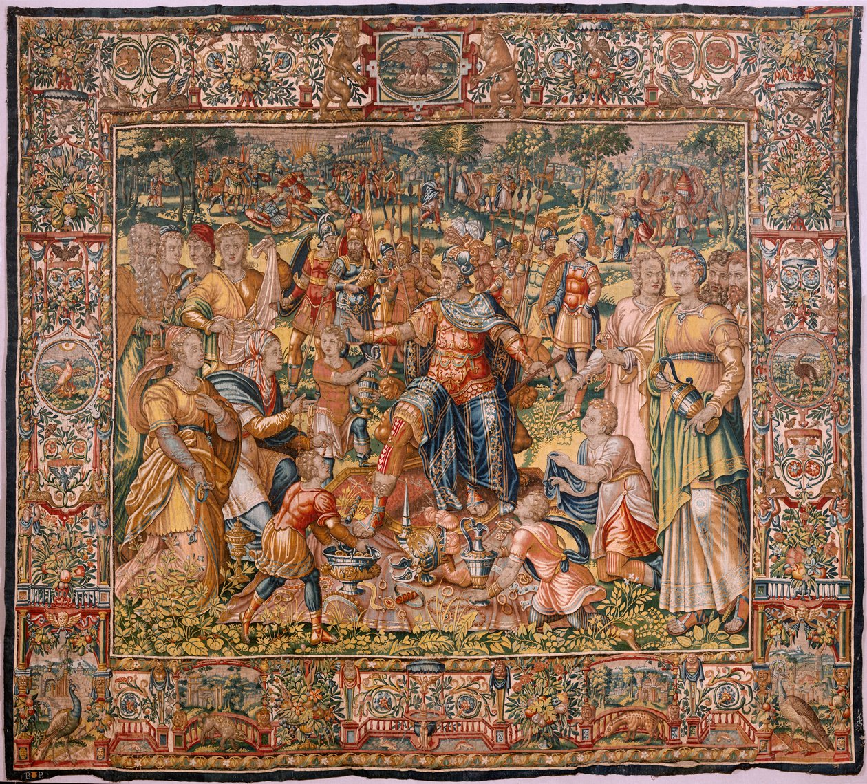 Museu Diocesano (Museu Diocesano). tapeçaria flamenga. Bruxelas. Oficina François Geubels. Série A História de Gideão. Os israelitas entregam sua parte do despojo a Gideão. Seda e lã. Legado de Bisho de Maerten van Heemskerck