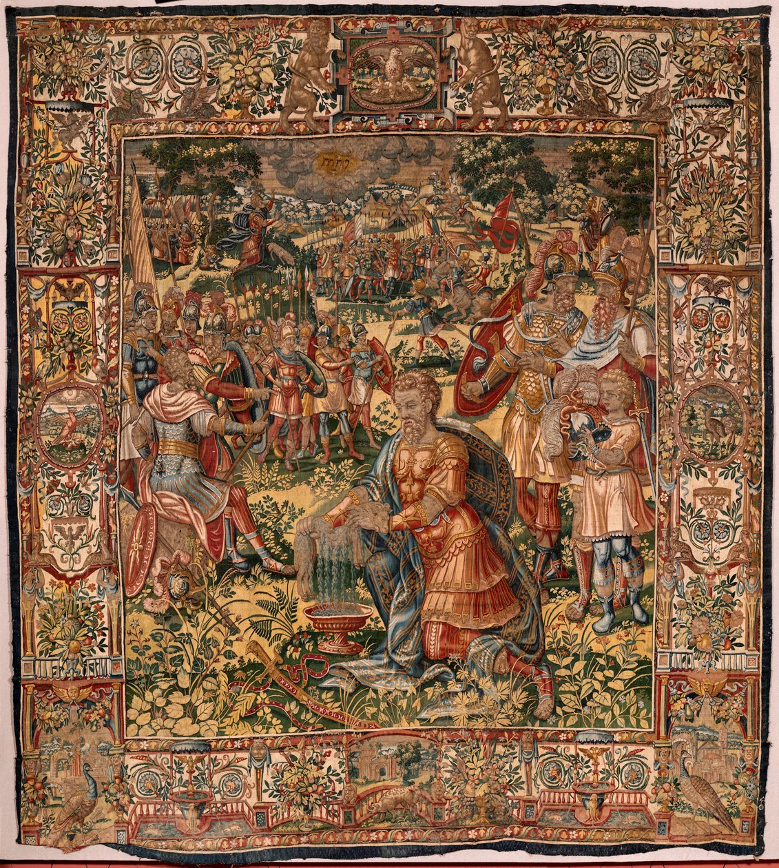 Museu Diocesano (Museo Diocesano). Tapeçaria flamenga. Bruxelas. Atelier François Geubels. Série História de Gideon. O milagre do velo de lã (Prueba del vellón de lana). A seda e a lã. Legado do Bispo Vicente Roca de la Serna. Barroco. 1534-1571, i de Maerten van Heemskerck