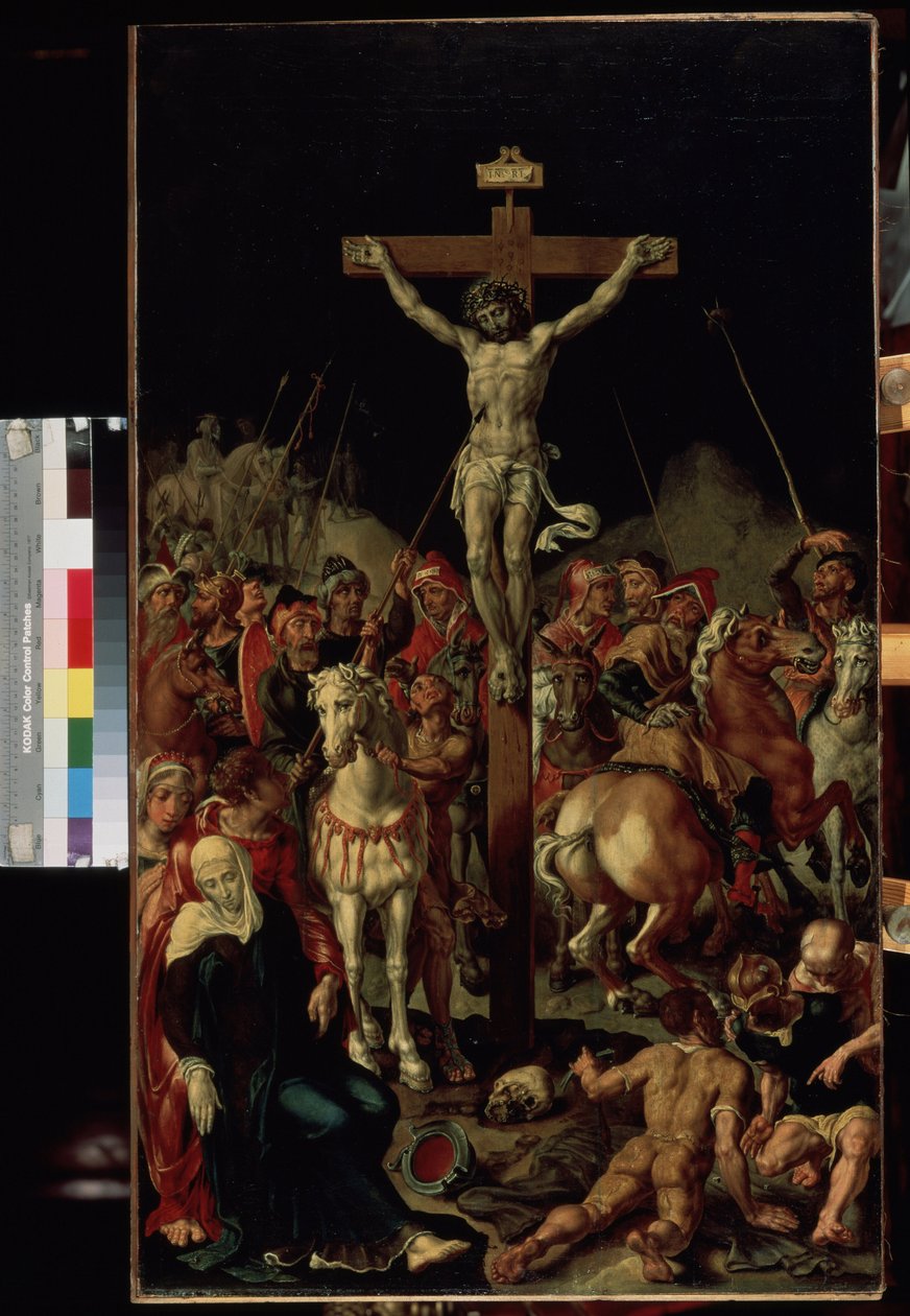 "" O Calvário"" (Calvário) A crucificação. Inscrição ""INRI"" na cruz. Painel central de um tríptico. Pintura de Maarten van Heemskerck (Maerten Heemskerk van Veen) (Marten, Martin) (1498-1574) 1545-1550 Dim. 100,7x58,3 cm Museu Hermitage, Sain de Maerten van Heemskerck