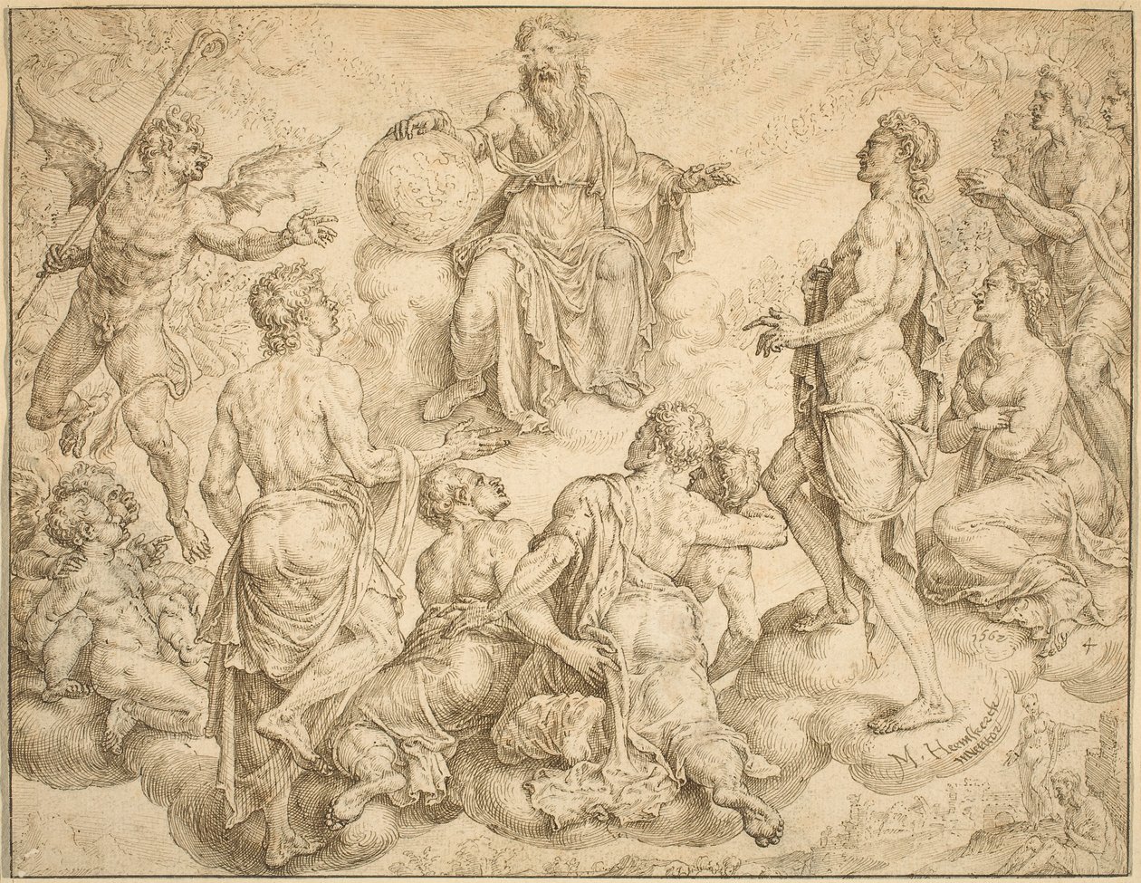 Satanás desafia Deus a retirar a sua proteção a Job de Maerten van Heemskerck