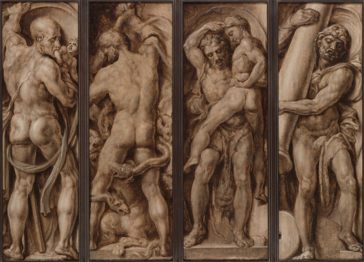 Saturno devorando uma criança; Hércules matando a Hidra; Hércules erguendo Anteu; Hércules erigindo as colunas de Calpe e Abyla de Maerten van Heemskerck