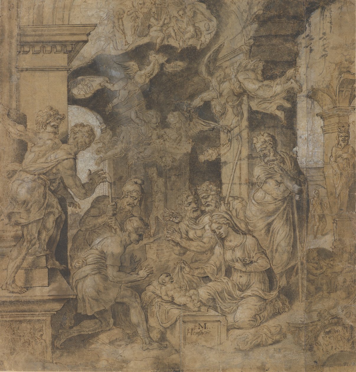 A Adoração dos Pastores, verso: Sketches, ca. 1532-37. de Maerten van Heemskerck