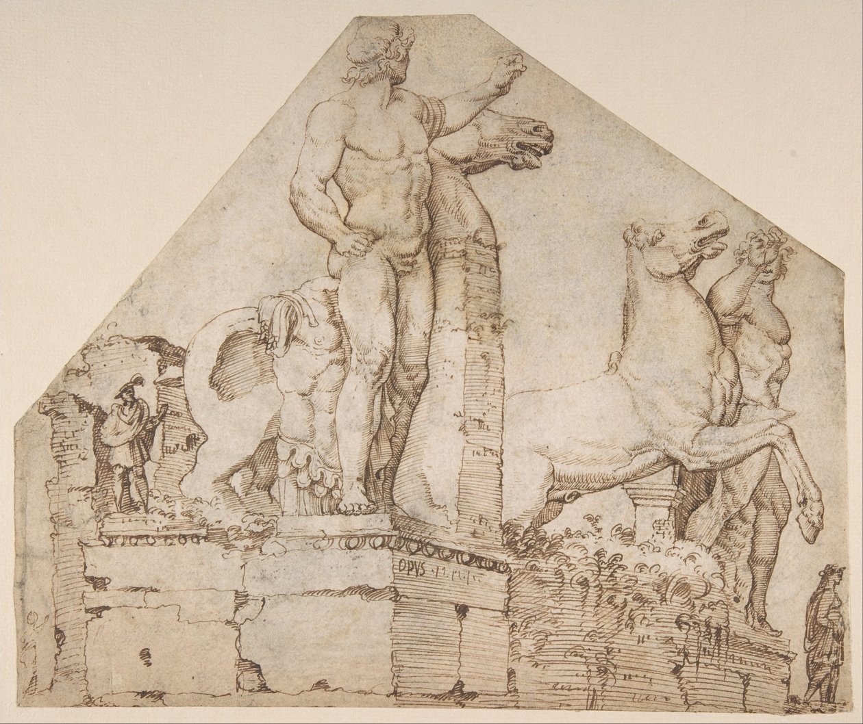 Os Dioscuri no Monte Cavallo, c.1533 (caneta e tinta castanha) de Maerten van Heemskerck