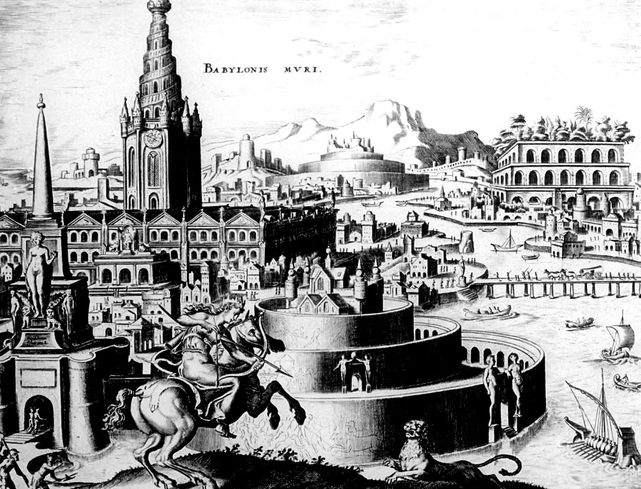 The Walls of Babylon, placa 7 de The Eight Wonders of the World, eng. Philips Galle de Maerten van Heemskerck
