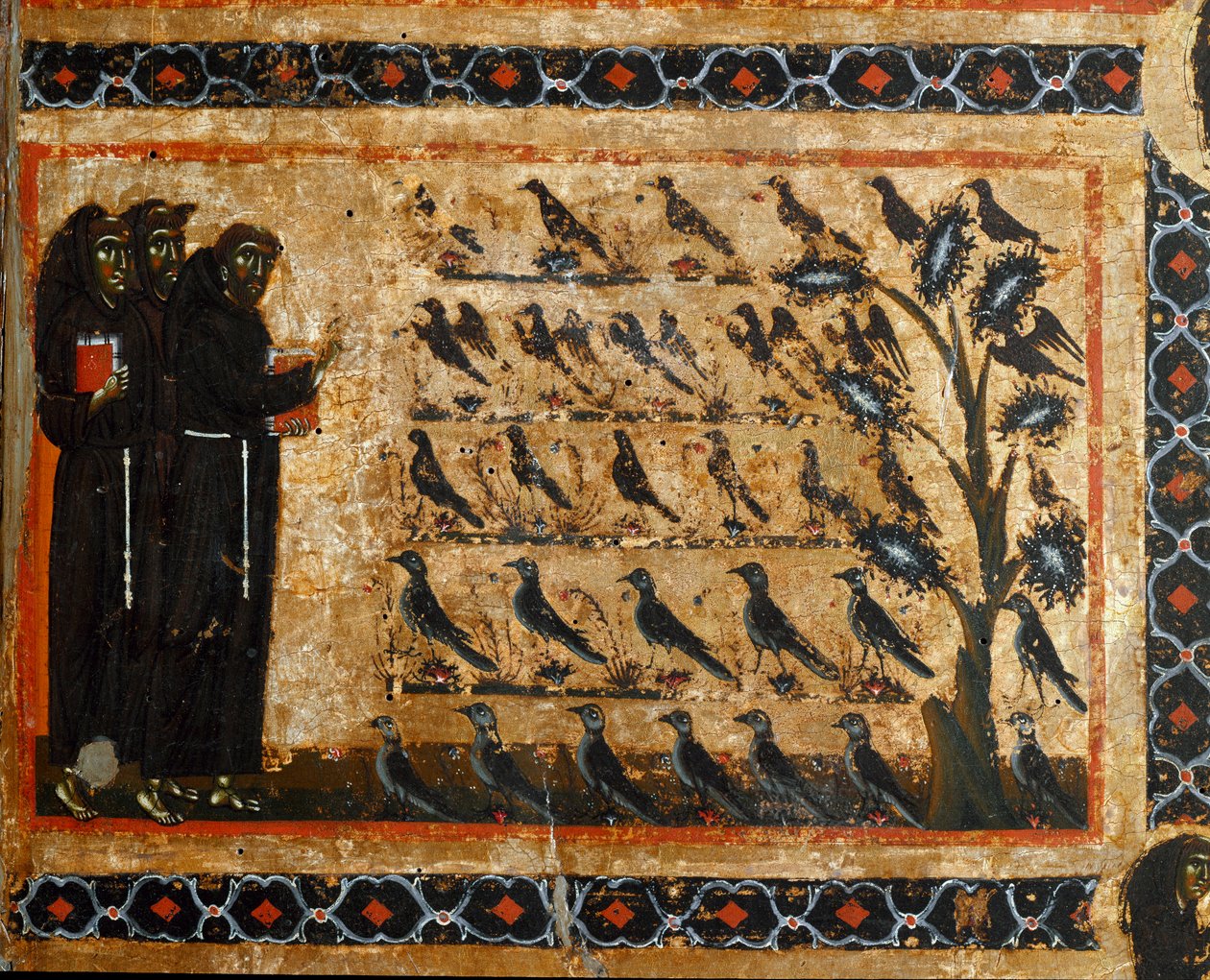 História da vida de São Francisco a partir do retábulo de São Francisco de Assis. Pormenor que representa a predicação de São Francisco às aves. Pintura do Mestre de São Francisco Bardi. Escola florentina da primeira metade do século XIII de Maestro del San Francesco Bardi