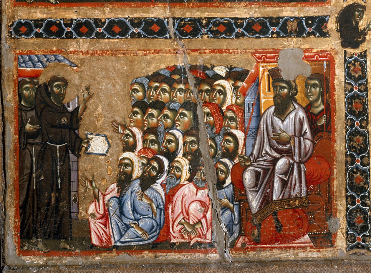 História da vida de São Francisco a partir do retábulo de São Francisco de Assis. Pormenor de São Francisco dirigindo-se ao sultão. Pintura do Mestre de São Francisco Bardi. Escola florentina da primeira metade do século XIII de Maestro del San Francesco Bardi
