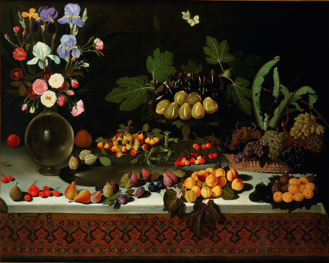 Flores e frutas em uma mesa, ca. 1600. de Maestro di Hartford