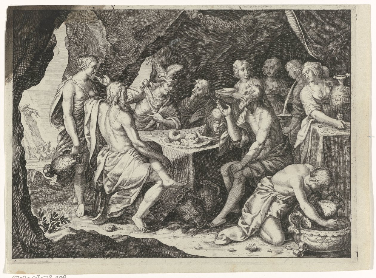 Cena das Metamorfoses de Ovídio: uma refeição em uma caverna de Magdalena van de Passe (attributed to)
