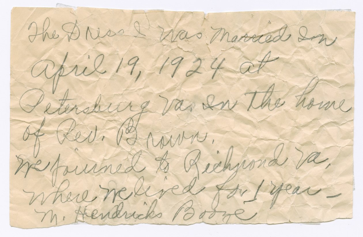 Nota manuscrita de Magdalene Hendricks Boozé, meados do século XX. de Magdalene Hendricks Boozé