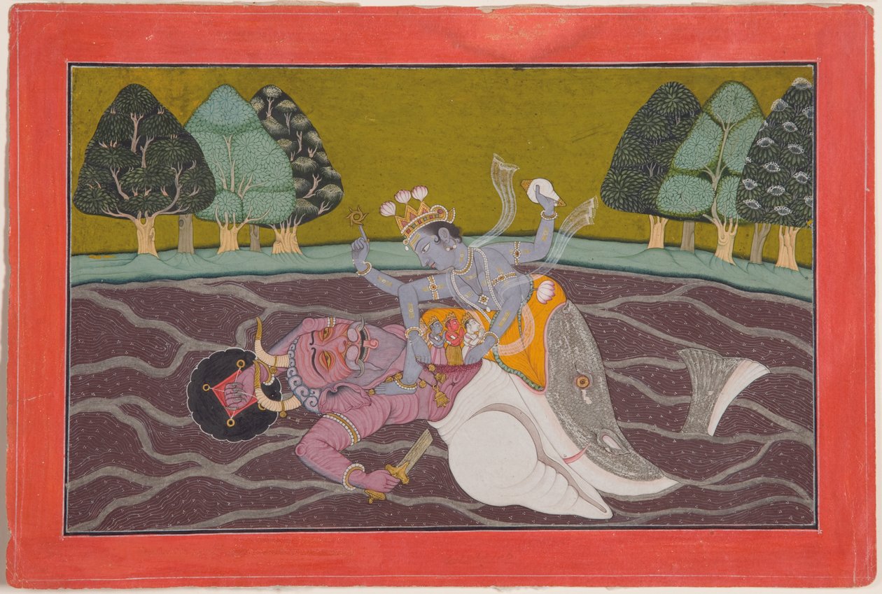 Matsya, a encarnação de peixe de Vishnu, c.1745 (wc opaco e ouro no papel) de Mahesh