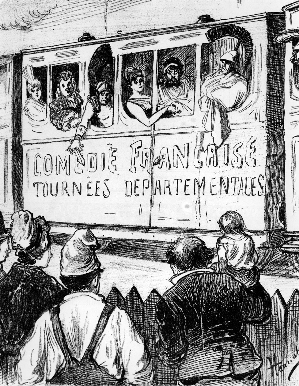 O elenco da Comédie Française em turnê na França em um trem especial, faz uma parada para dar a countryfolk um vislumbre do teatro, segunda metade do século 19 de Henri Maigrot