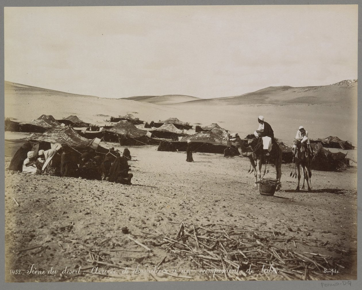 Acampamento com tendas e camelos no deserto do (presumivelmente) Egito Scene du desert: Arrivée de chameliers a un campement de tribu. (título no objeto) de Maison Bonfils