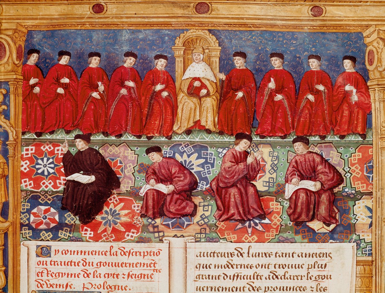 O Conselho dos Dez O Doge está no centro. Detalhe de uma miniatura desenhada a partir de uma descrição ou trata do governo e regime da cidade e da seigneury de Veneza realizada pelo Almirante Louis Malet de Graville, iluminada pelo Mestre de Philippe de Maitre de Philippe de Gueldre