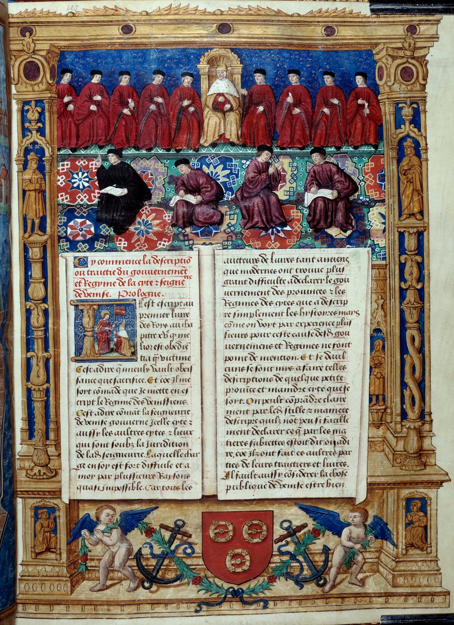 O Conselho dos Dez O Doge está no centro. Página tirada de uma descrição ou trata do governo e regime da cidade e do Seigneury de Veneza realizado pelo Almirante Louis Malet de Graville, iluminado pelo Mestre de Filipe de Geldre (século XVI de Maitre de Philippe de Gueldre