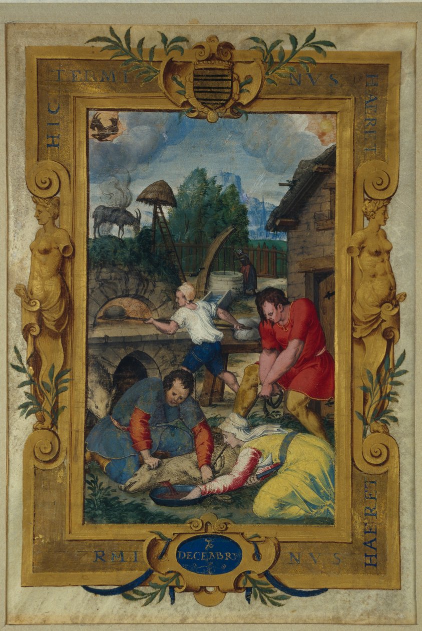 Página de calendário para dezembro, abatendo do porco, de um livro de horas, c.1550-60 de Maitre des Heures de Claude Gouffier
