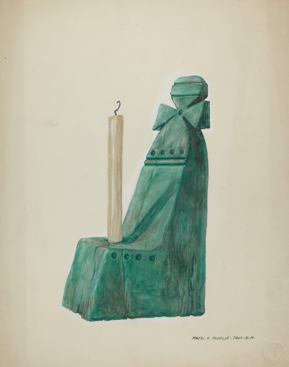Castiçal de madeira pintado, com sulcos e círculos, c. 1937. de Majel G. Claflin