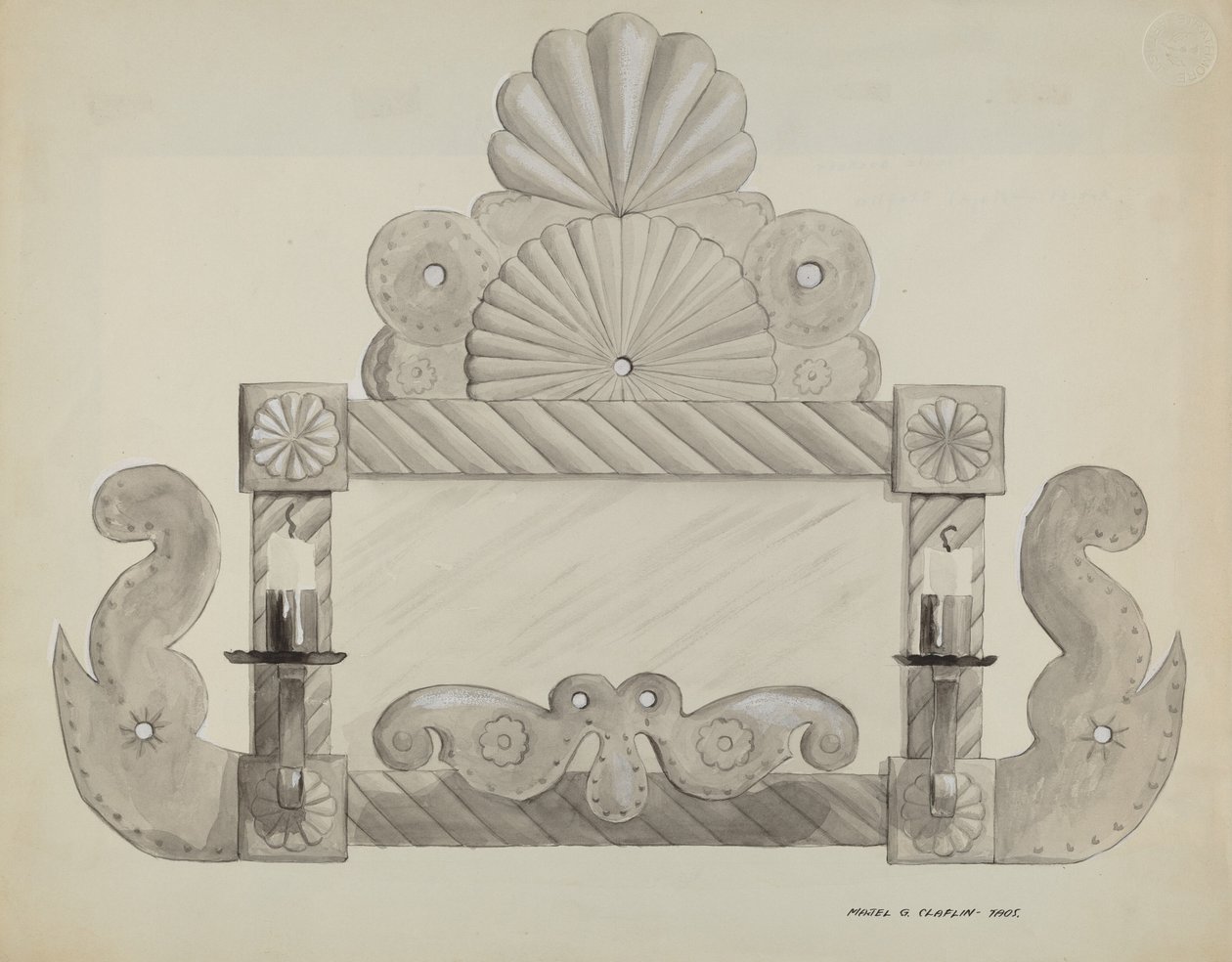 Moldura de Espelho de Lata com 2 Soquetes de Velas, c. 1937. de Majel G. Claflin