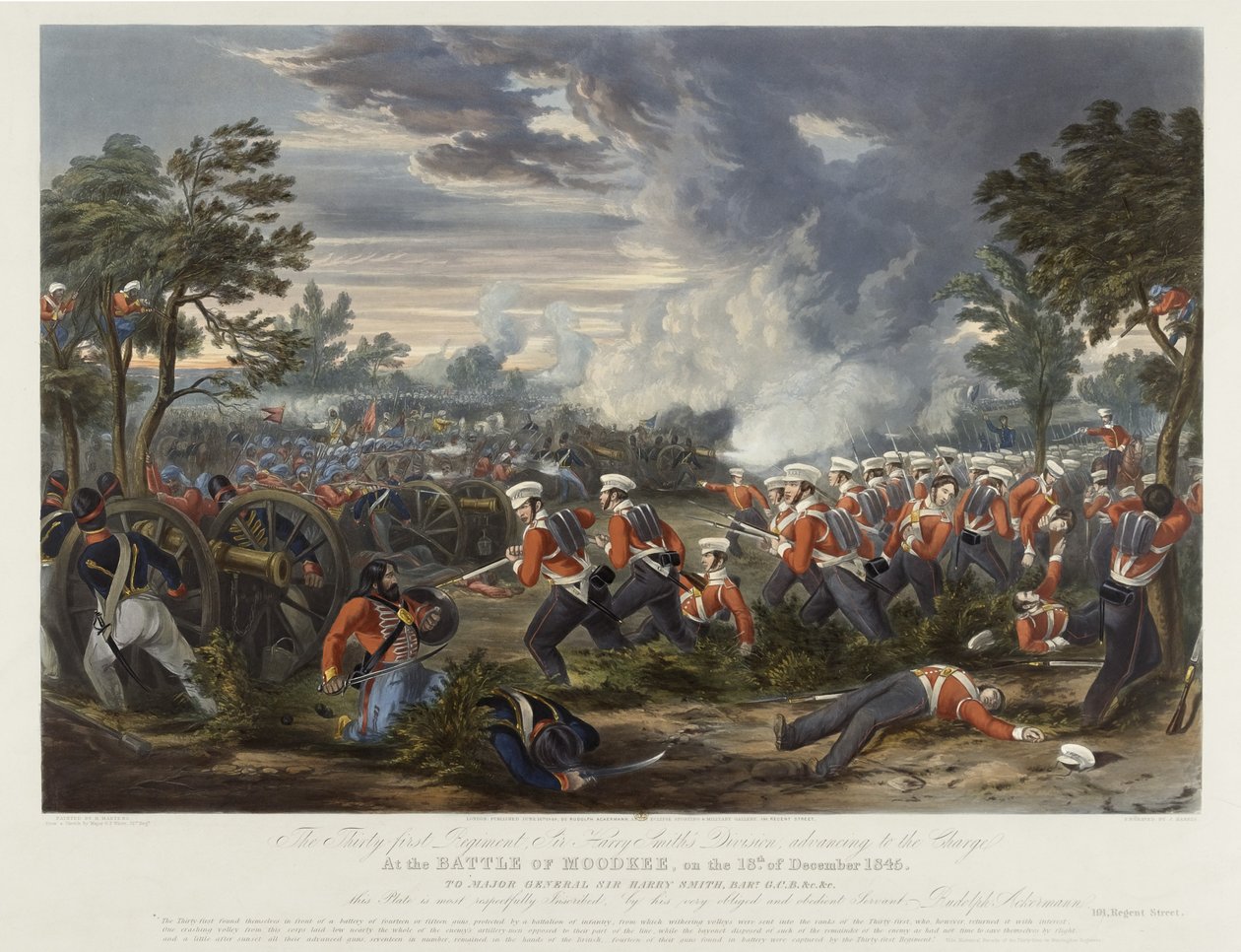 O 31º Regimento, Divisão de Sir Harry Smith avançando para a batalha na Batalha de Moodkee em 18 de dezembro de 1845, publicada por Rudolph Ackermann, 18 de junho de 1848 (aquatinta colorida) de Major G.F. White